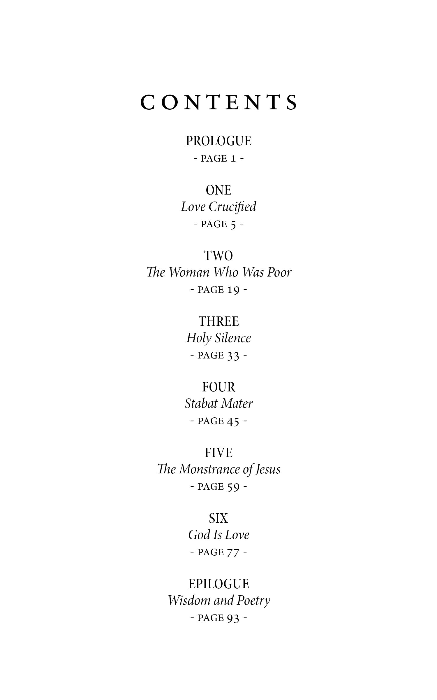 Book contents page with headings and page numbers in serif text