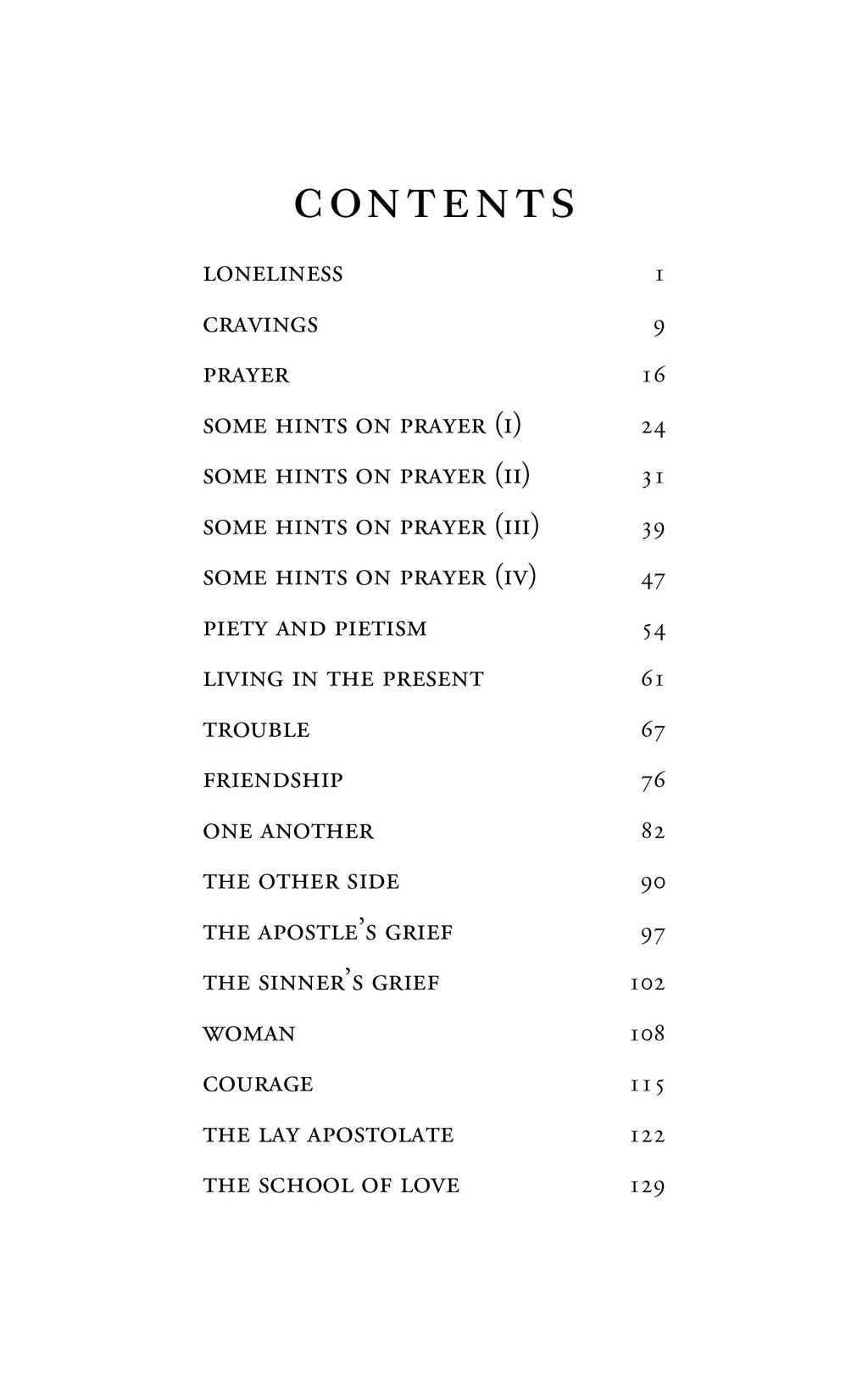 Book contents page with numbered section list, including prayer and courage