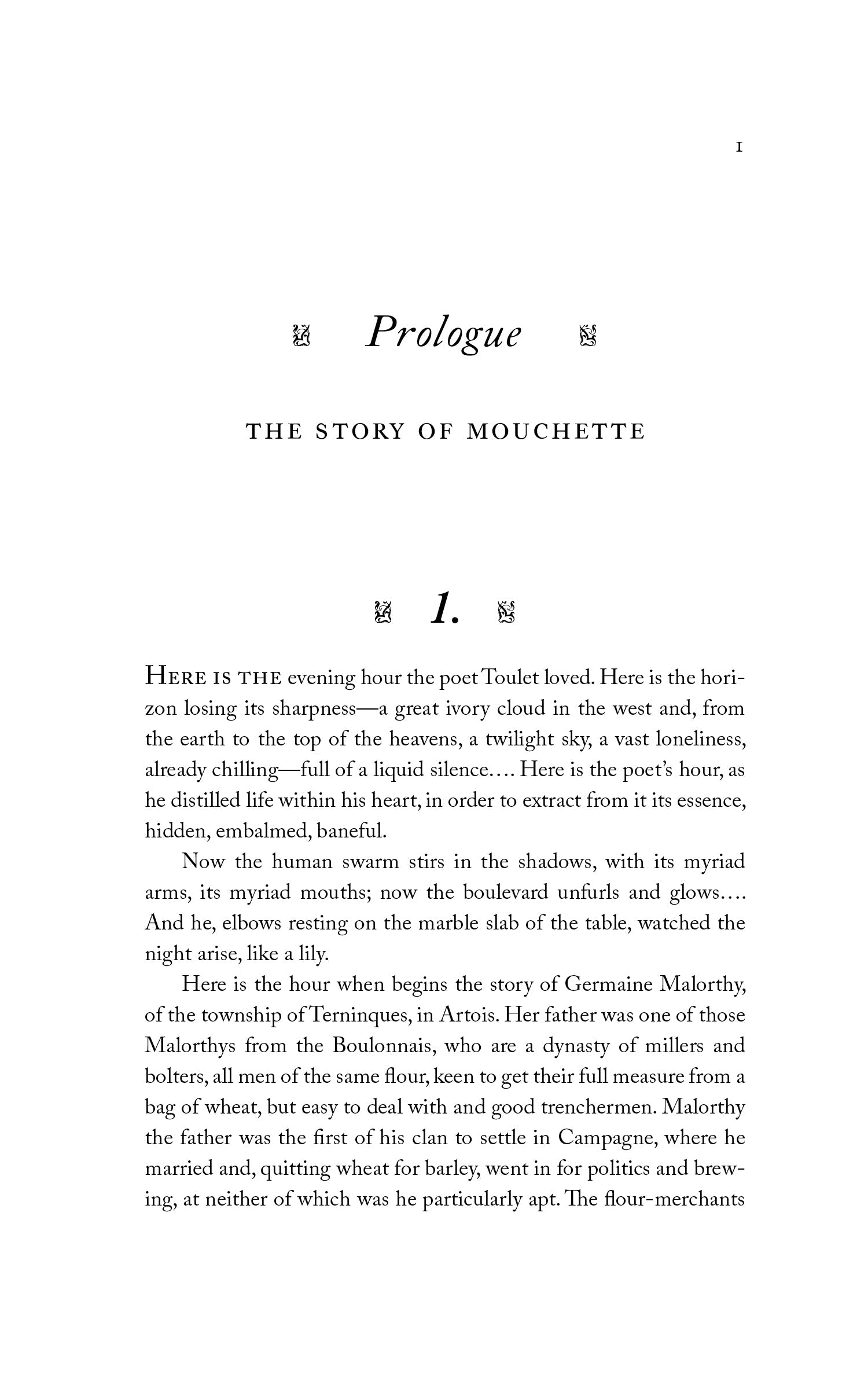 Book interior page showing "Prologue" and "THE STORY OF MOUCHETTE" heading text
