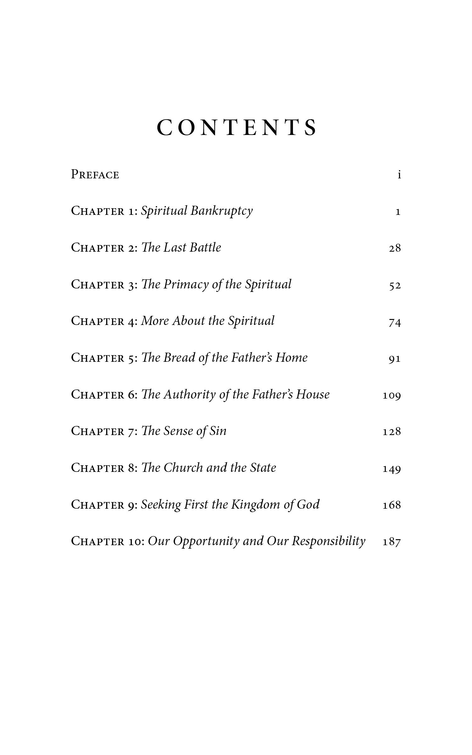 Book contents page with sections, chapters, and page numbers