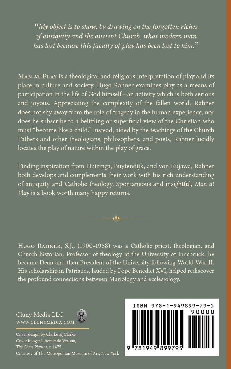 Religious study book back cover with synopsis text and ISBN barcode, Hugo Rahner S.J.