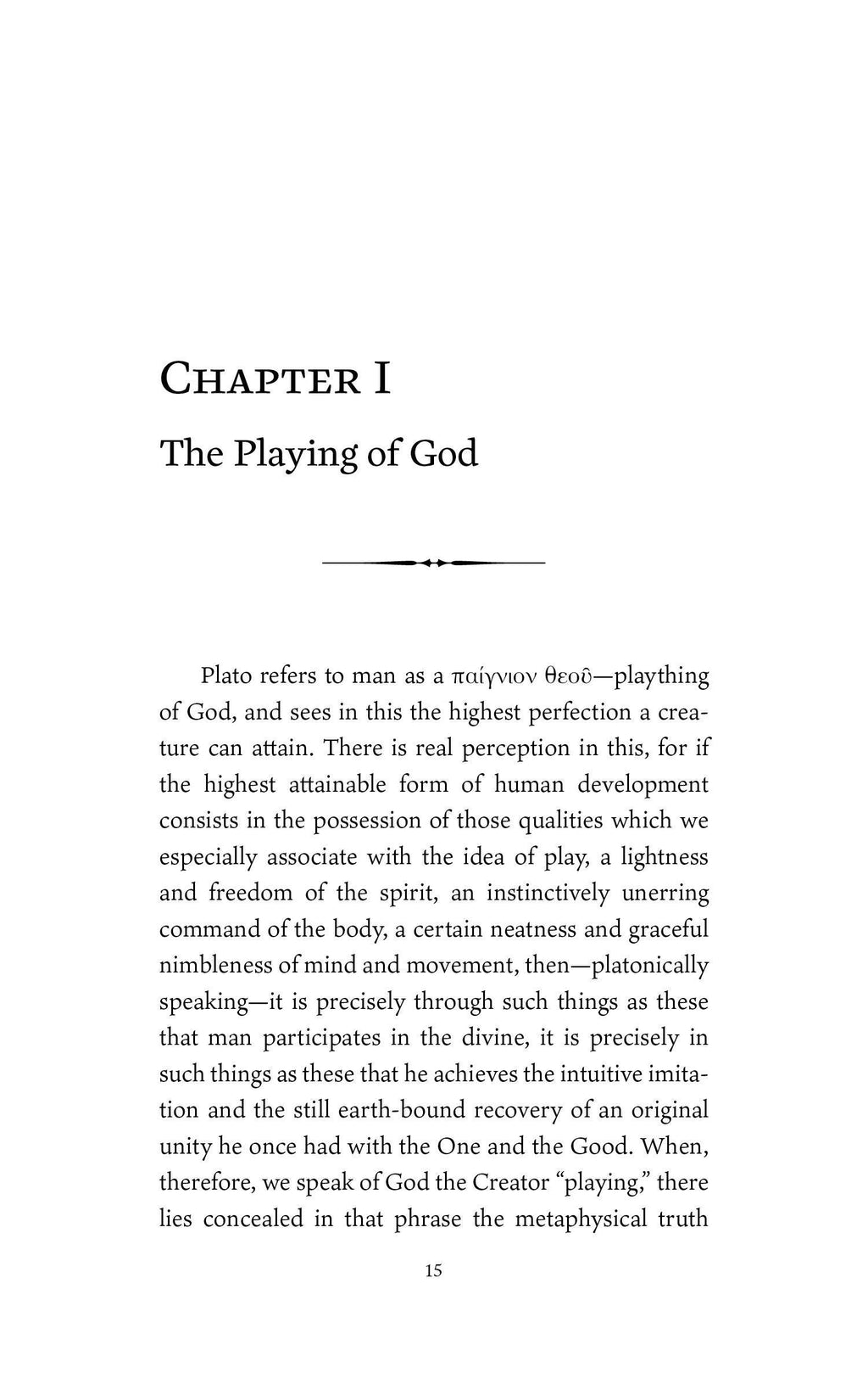 Book page titled “Chapter I: The Playing of God” with printed paragraph text.