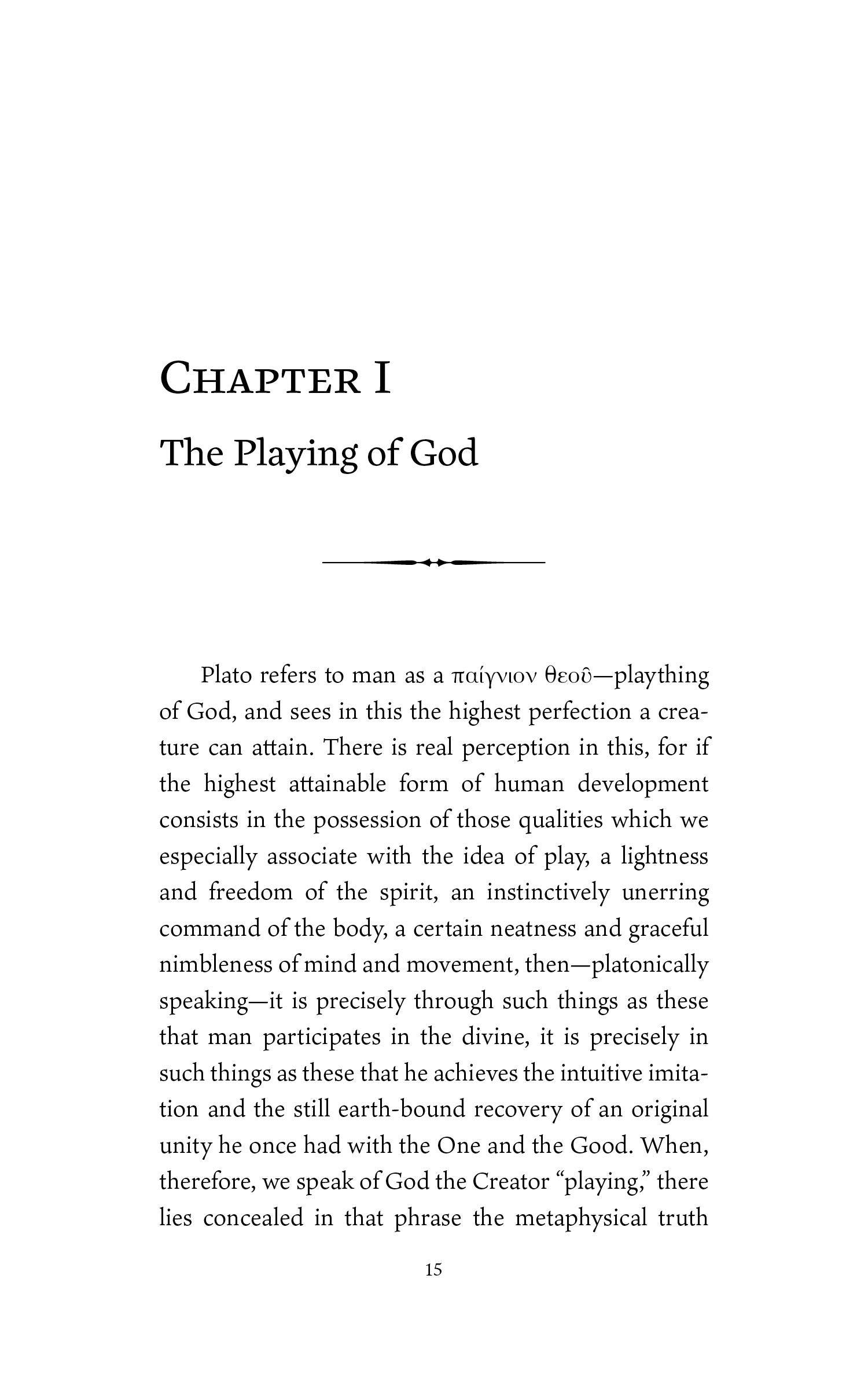 Book page titled “Chapter I: The Playing of God” with printed paragraph text.