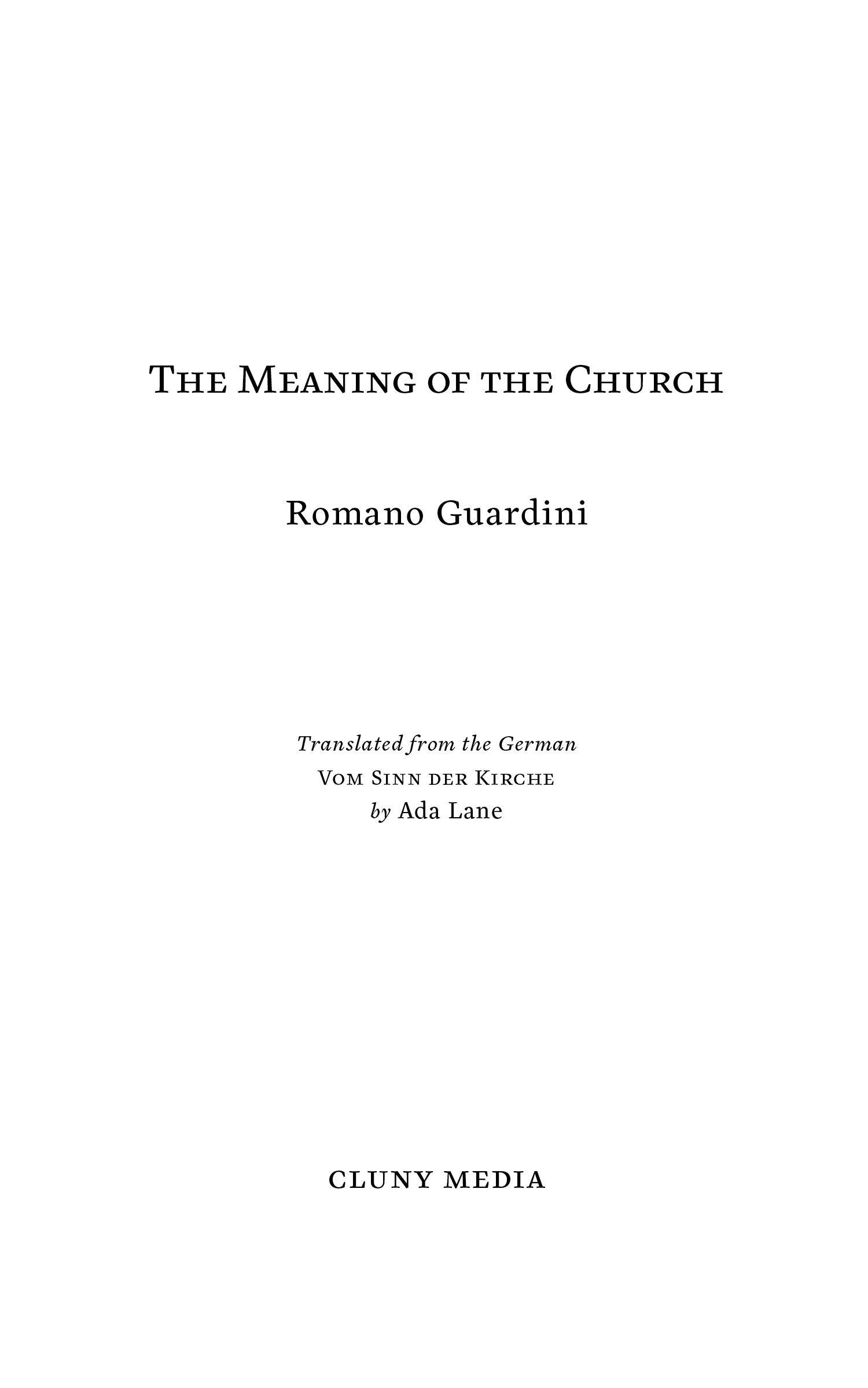Book title page with “The Meaning of the Church”, Romano Guardini, and Cluny Media