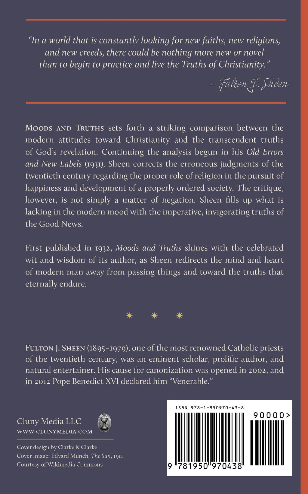 Book back cover with summary text, Fulton J. Sheen, and barcode.