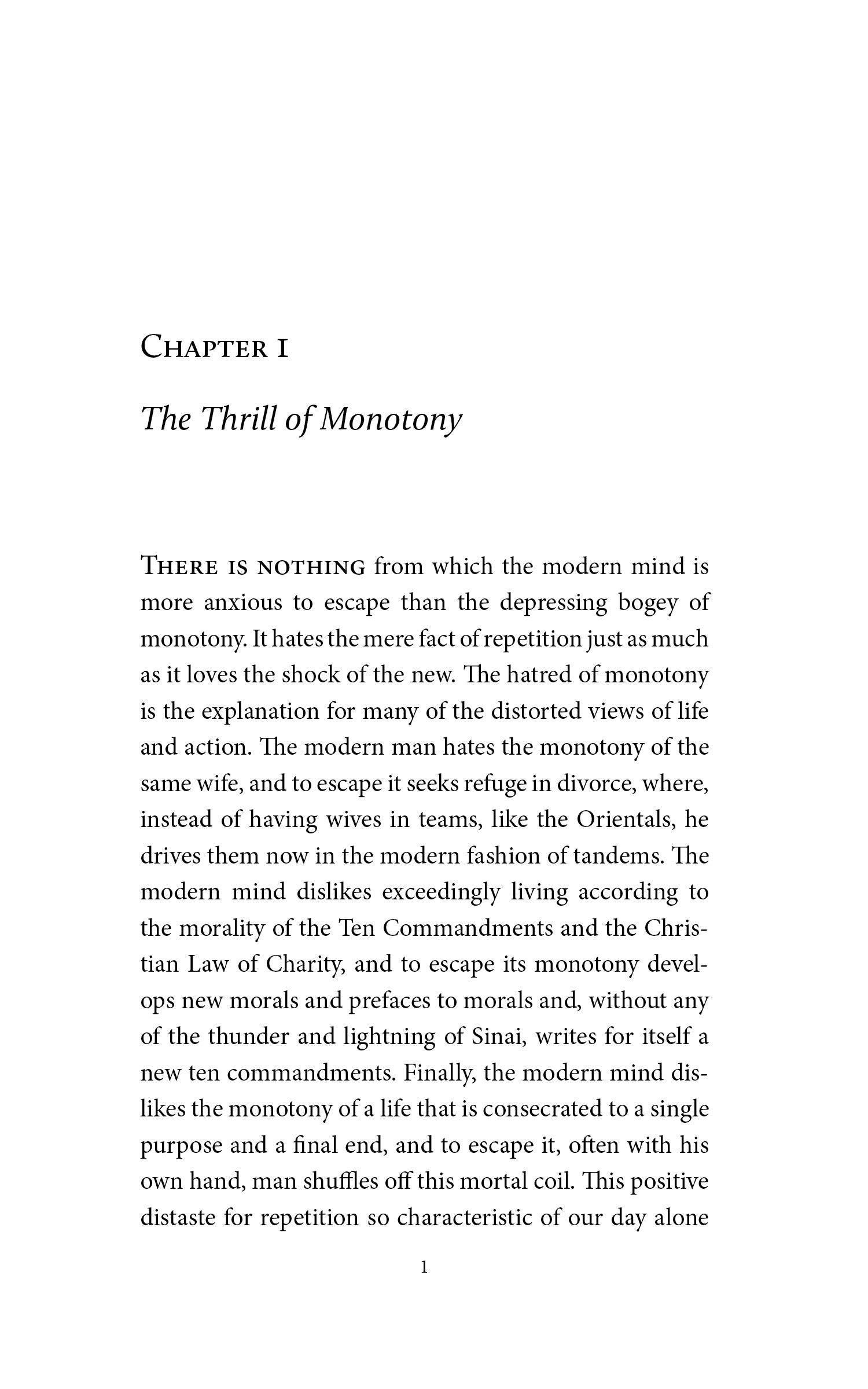 Book chapter page: Chapter I, The Thrill of Monotony, printed text.