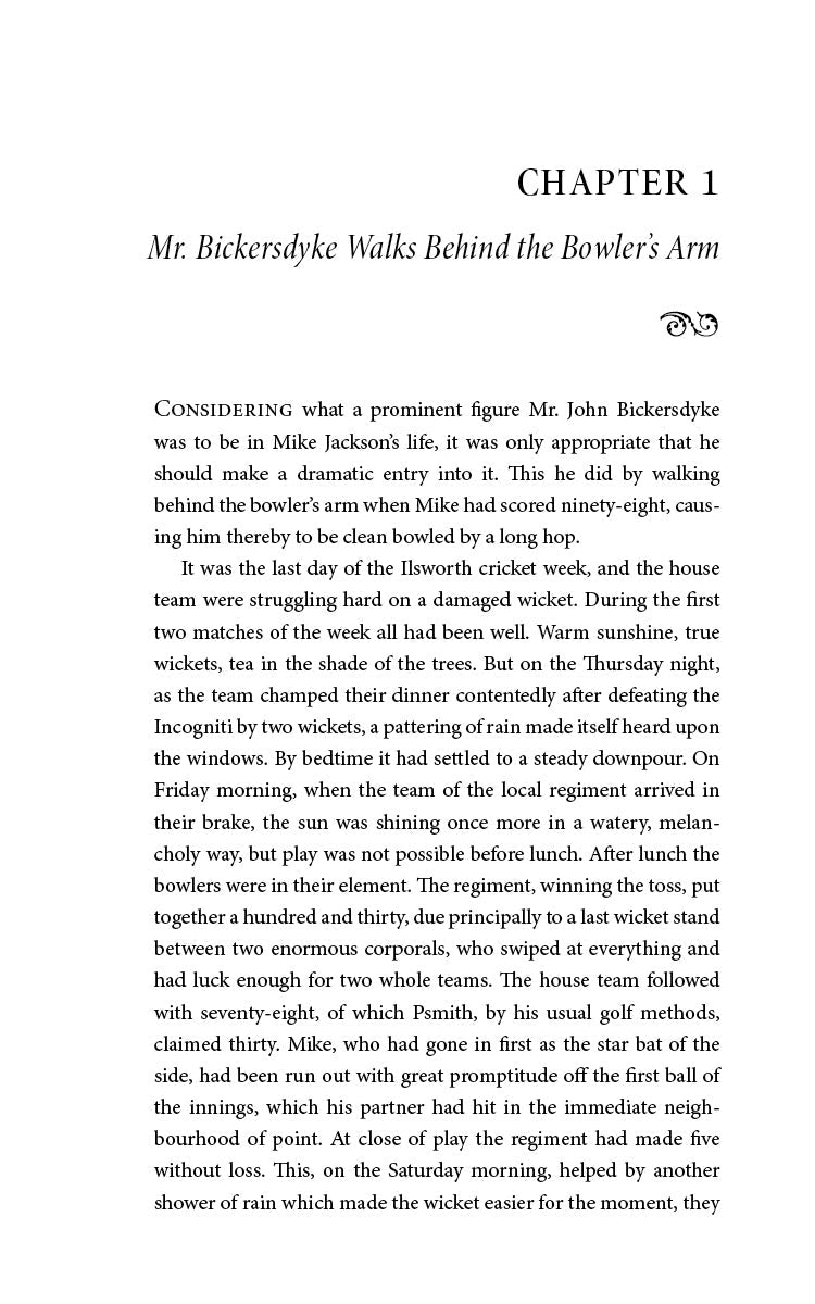 Chapter 1 page with heading Mr. Bickelsdyke Walks Behind the Bowler's Arm