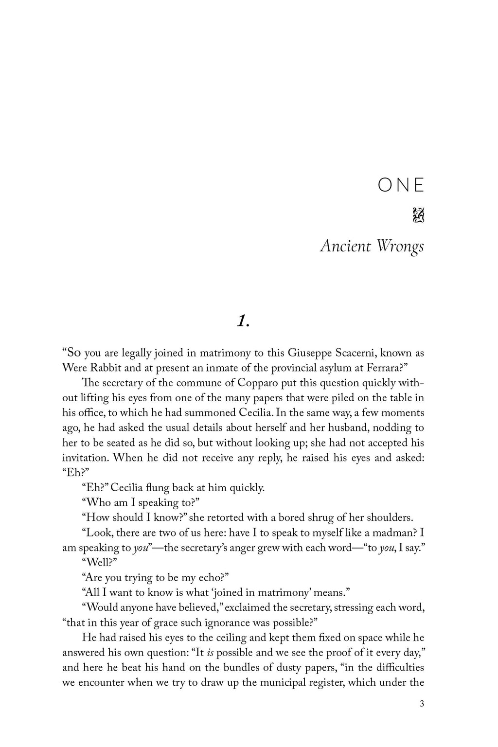 Book page titled 'ONE: Ancient Wrongs' with numbered text