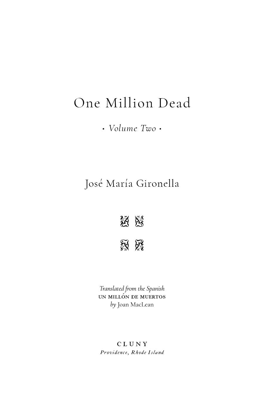 Book title page for One Million Dead, Volume Two with author name and imprint