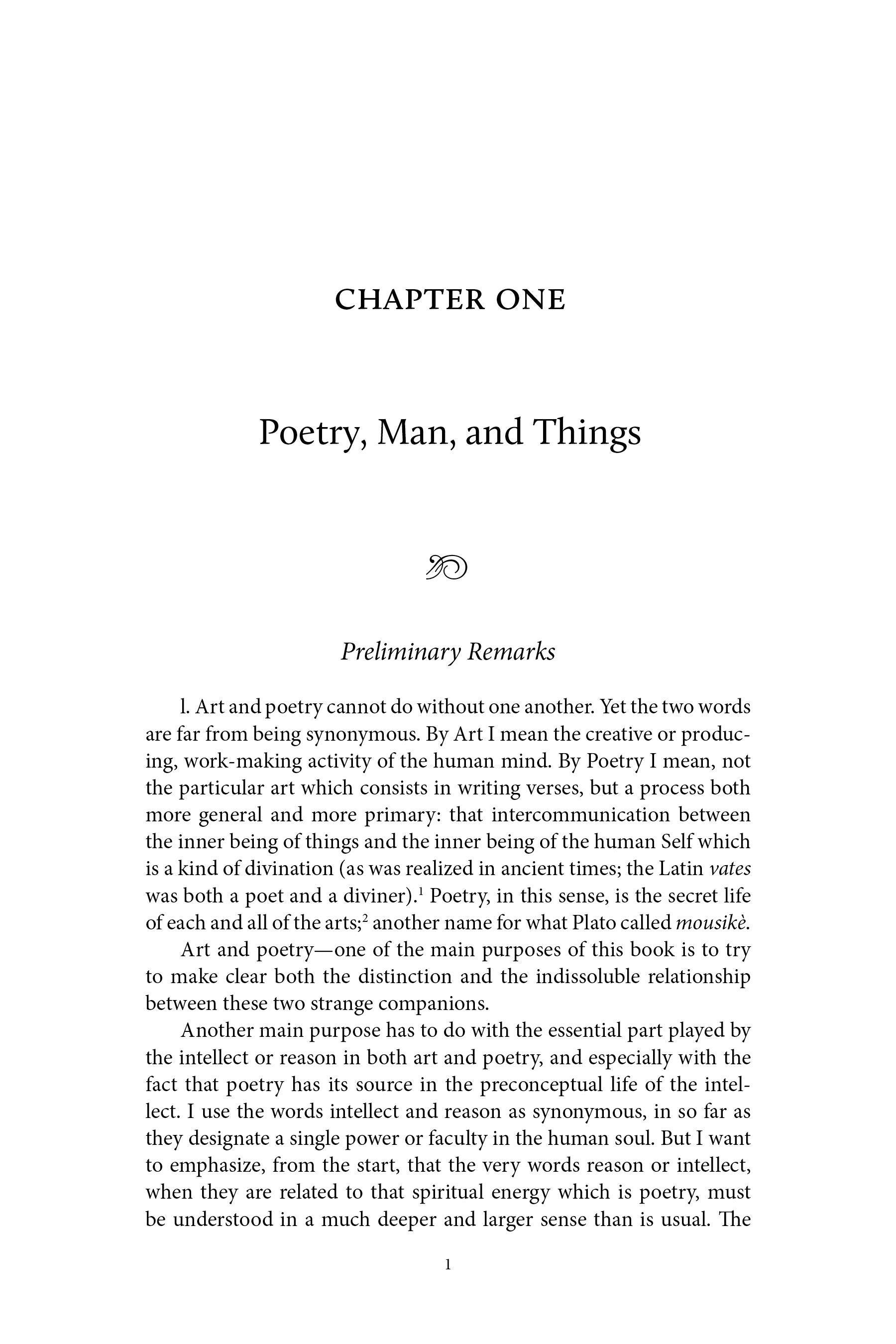 Book page with 'Chapter One' heading and subtitle 'Poetry, Man, and Things'