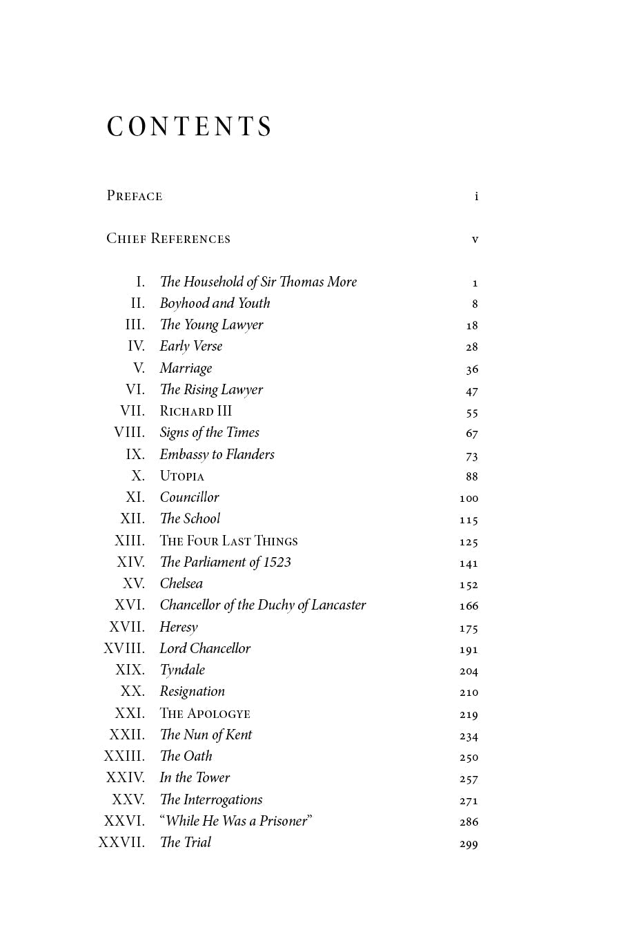 Saint Thomas More book contents page listing chapters and page numbers