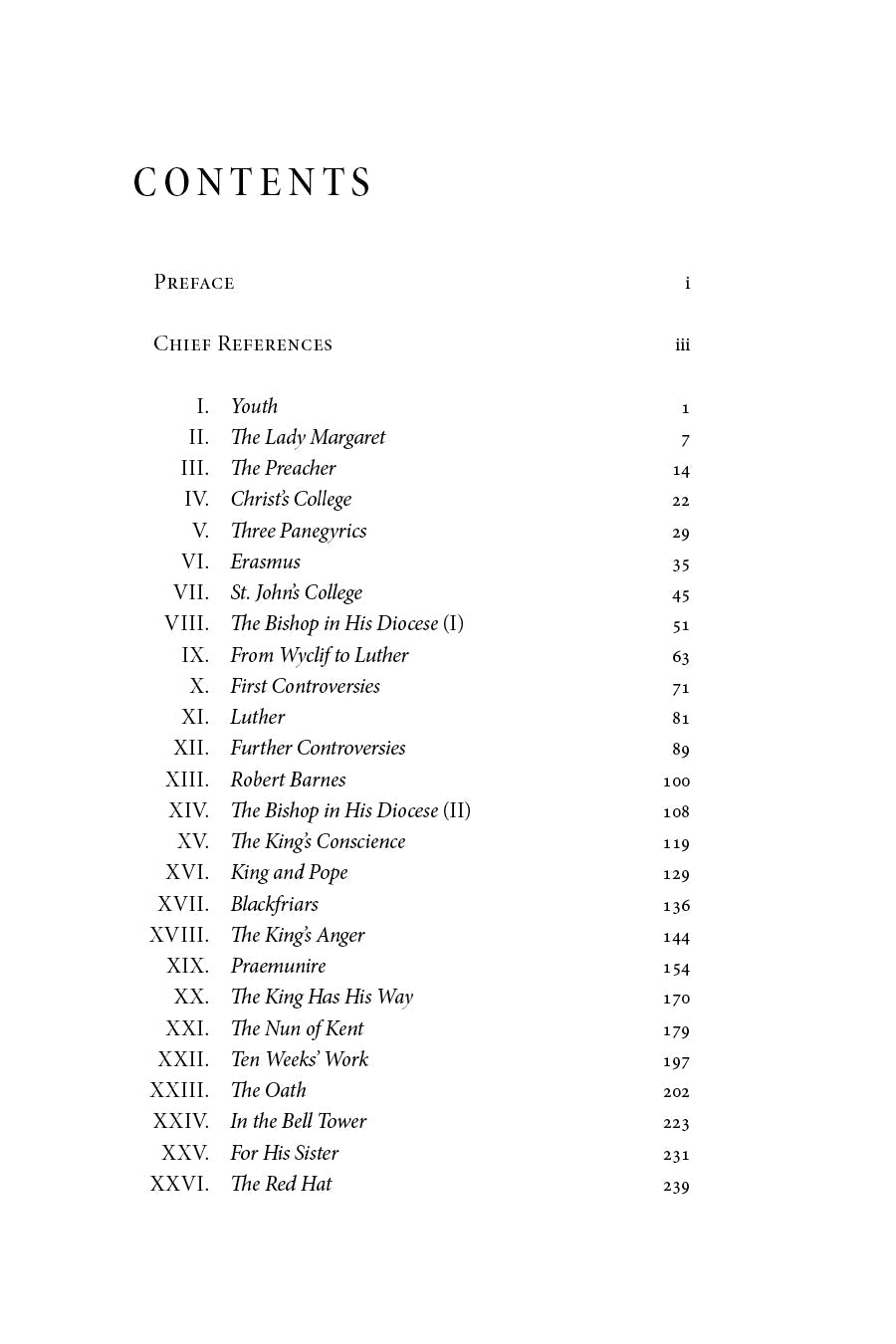 Book contents page listing sections and page numbers