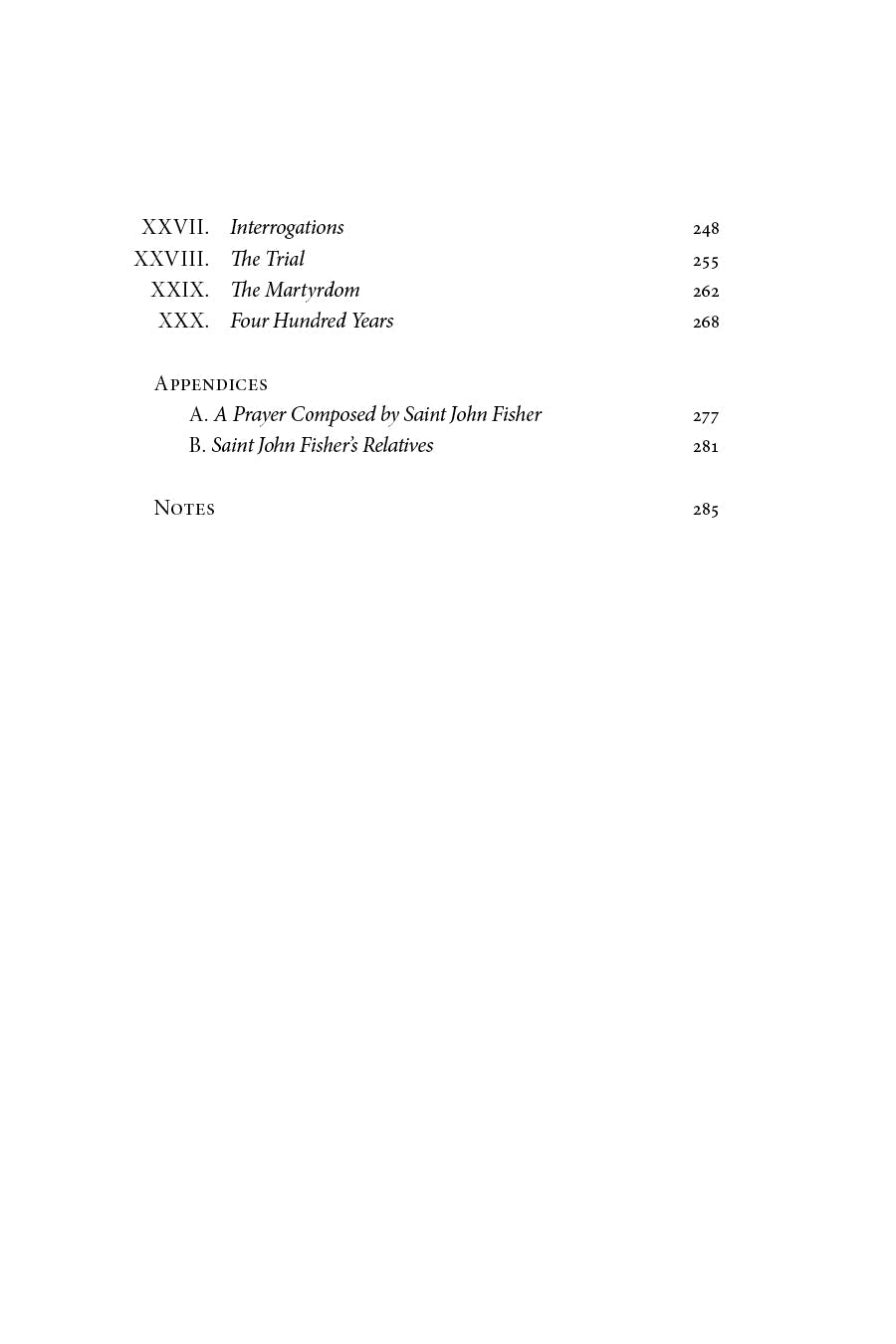 Book contents page continuation with appendix and notes headings