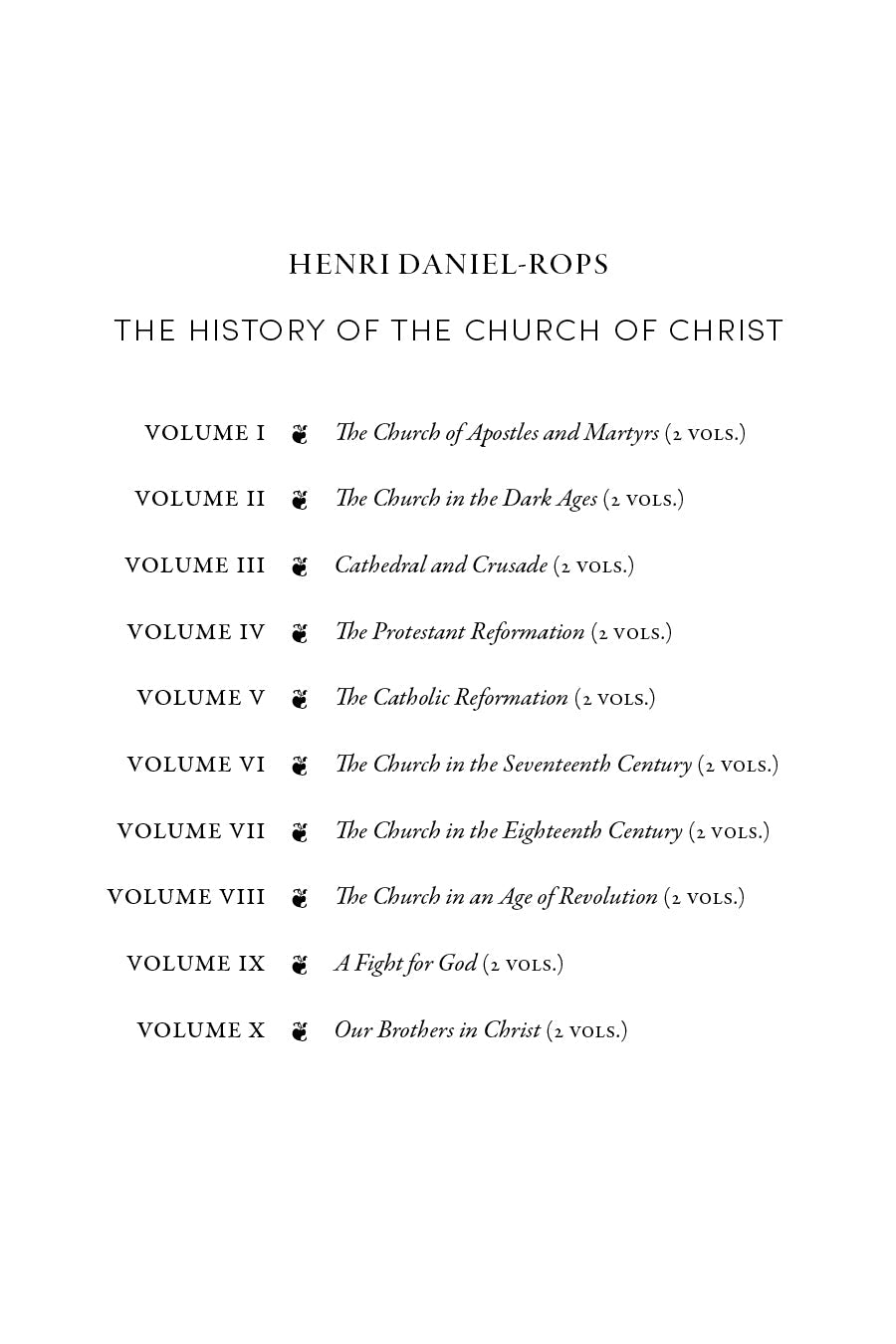 Book contents page listing volumes I–X, The Church of Christ