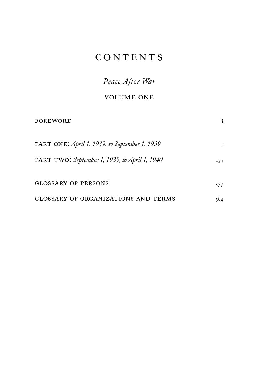 Peace After War Volume One contents page with section headings