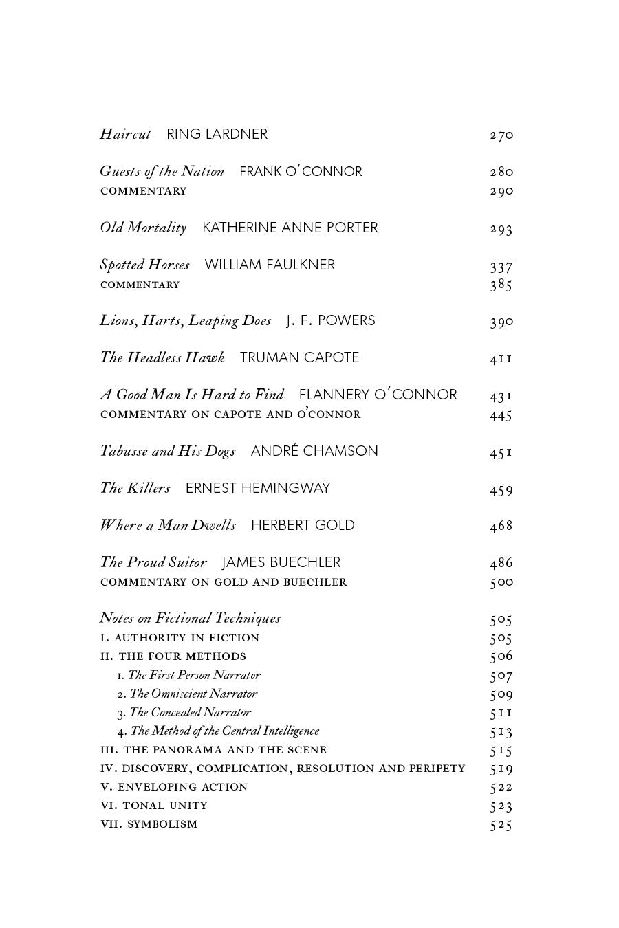 Book contents page with story titles, author names, and page numbers