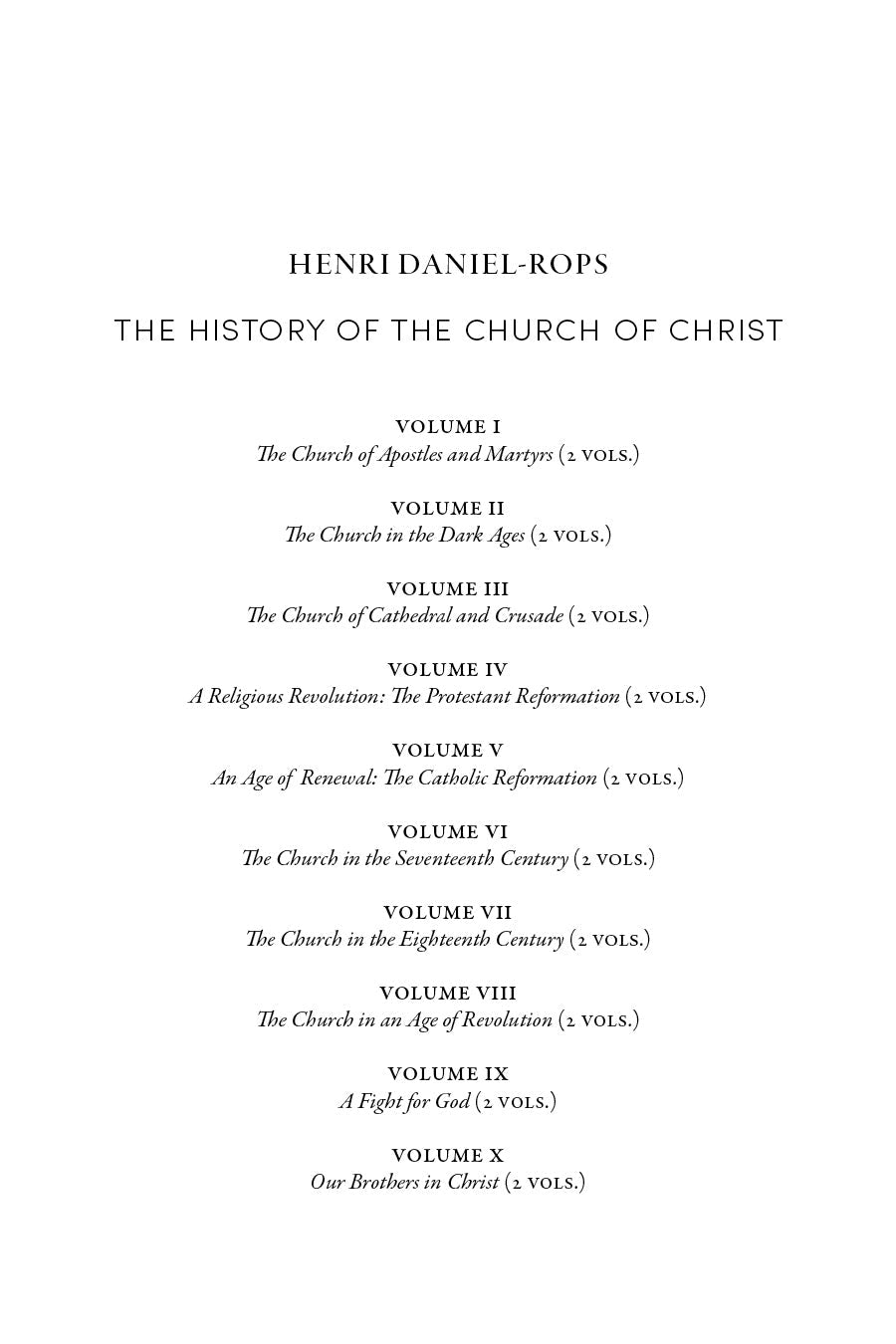 Book table of contents page listing multiple volumes and religious history