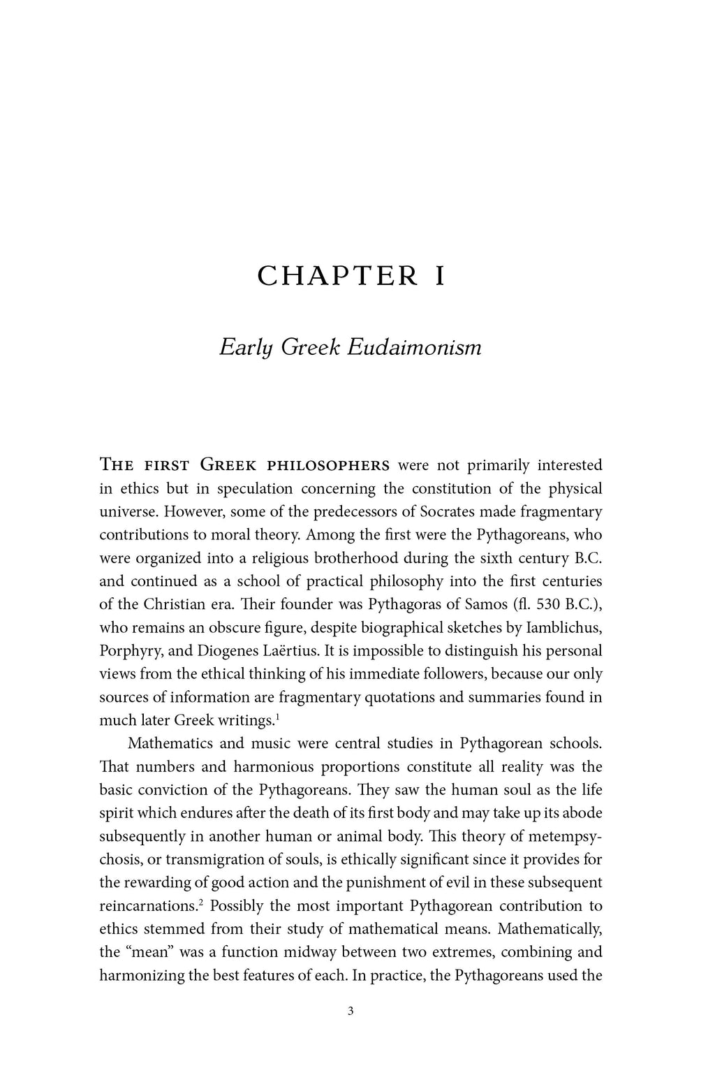 Book page labeled 'Chapter 1' with subtitle 'Early Greek Eudaimonism'