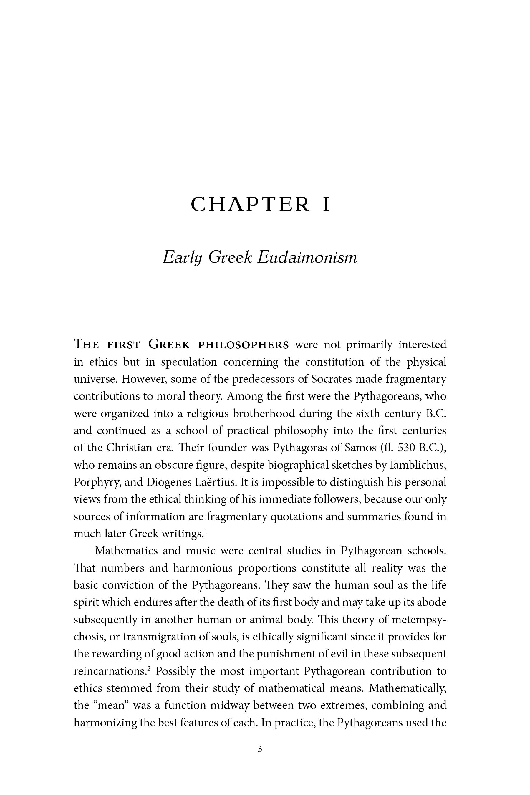 Book page labeled 'Chapter 1' with subtitle 'Early Greek Eudaimonism'