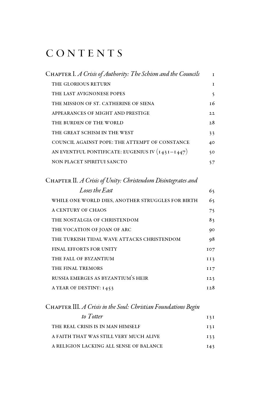 Book contents page listing chapters with page numbers