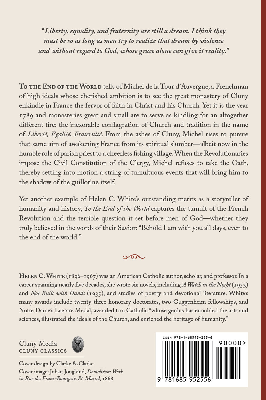 Novel back cover with excerpt text, author name, barcode, and Cluny Media logo