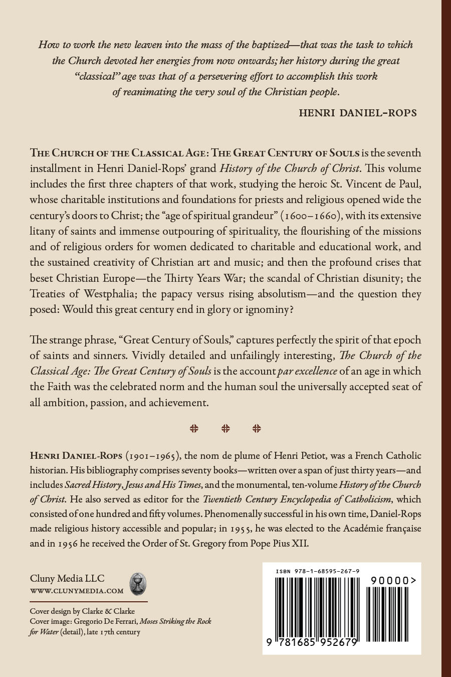 Book back cover with summary text, barcode, publisher info, and Henri Daniel-Rops name