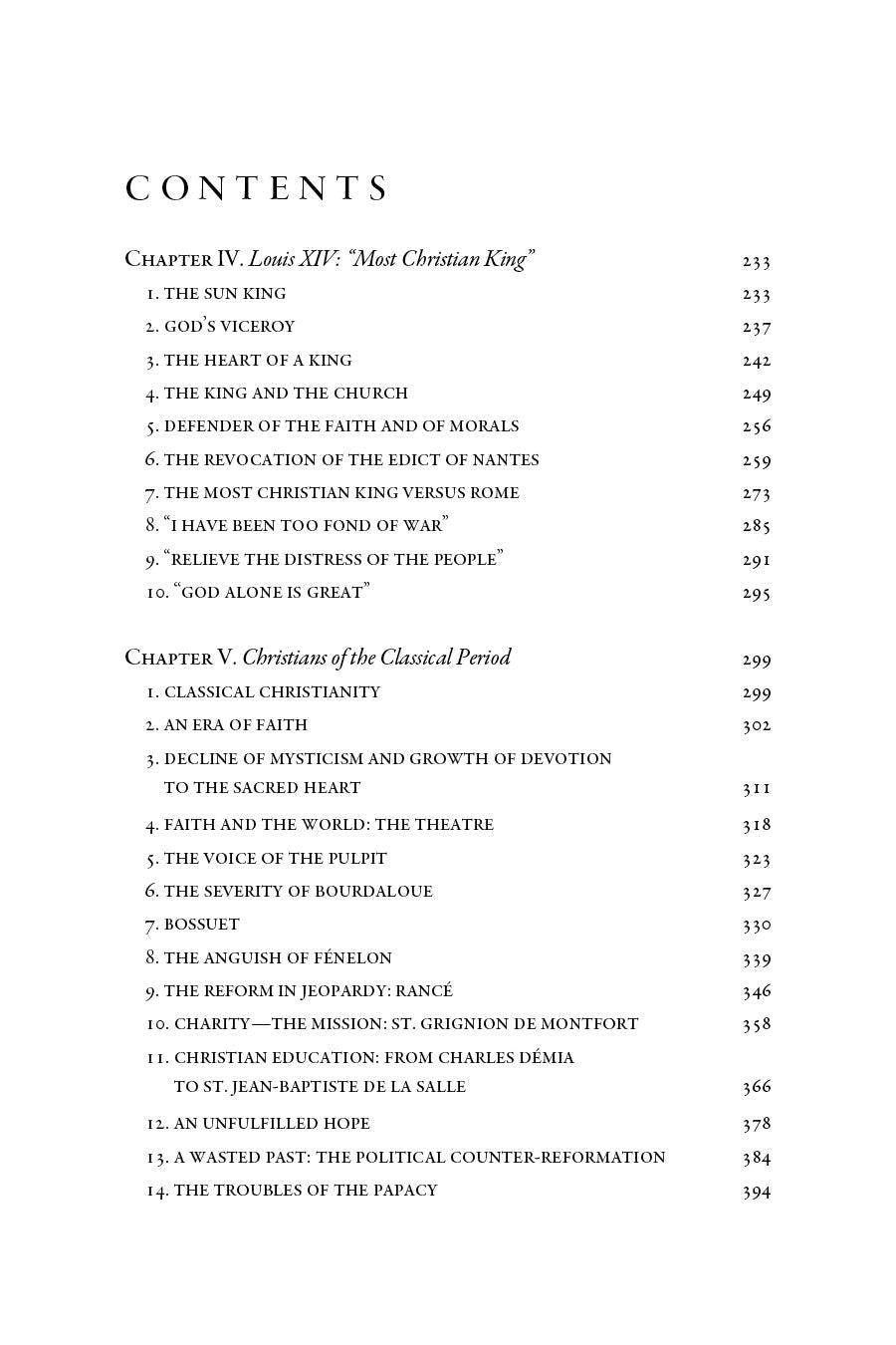 Book contents page listing chapters with page numbers