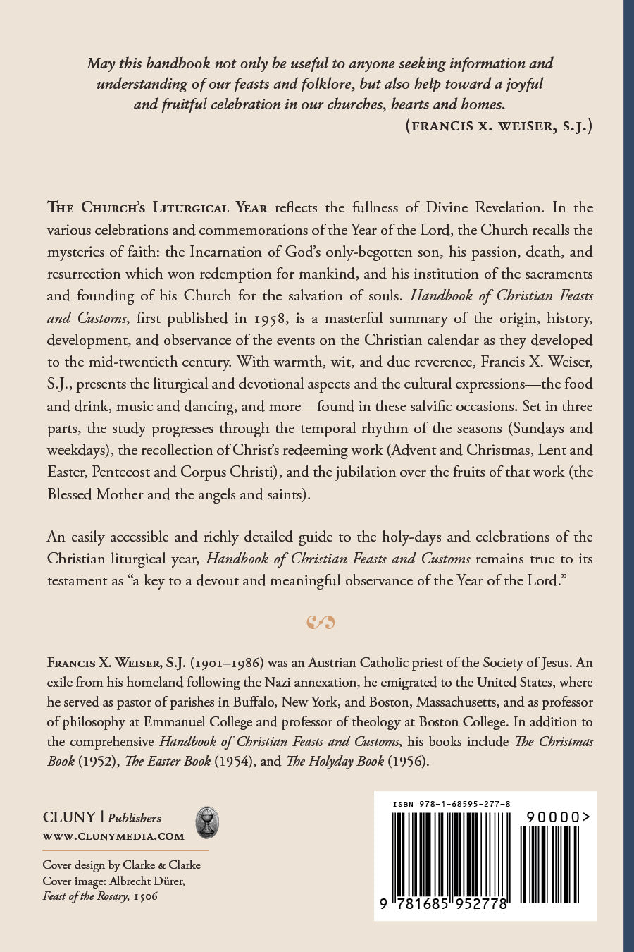 Christian feasts and customs book back cover with description, publisher info, and barcode