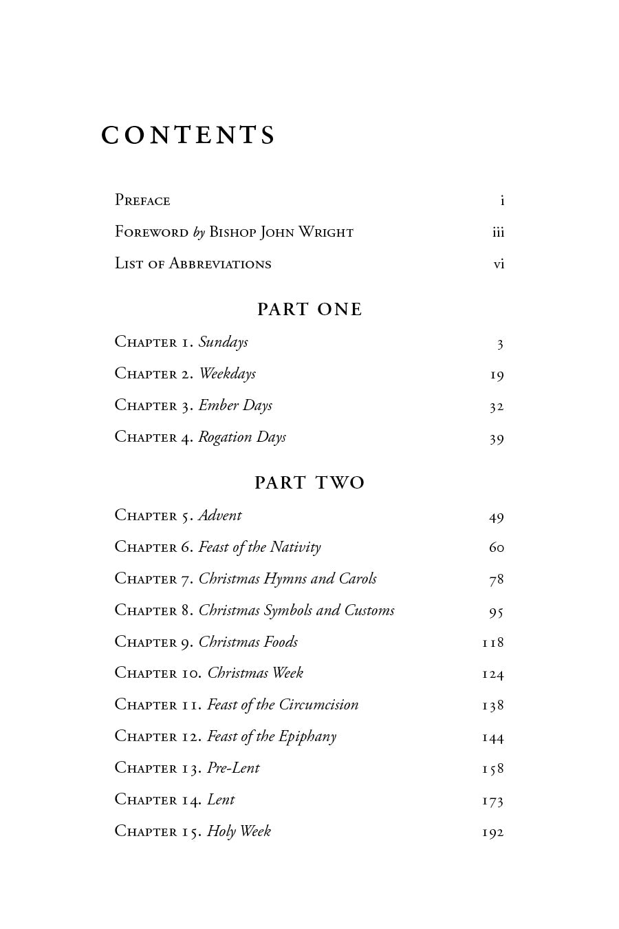 Christian feasts and customs contents page listing parts and chapter titles