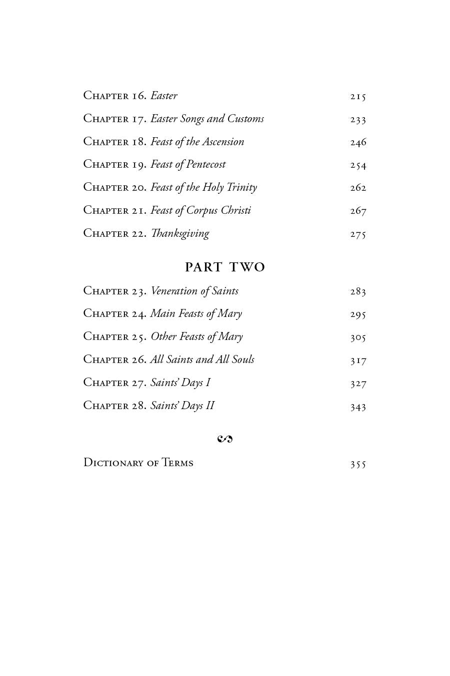 Christian feasts and customs contents page continuing with chapters and dictionary of terms