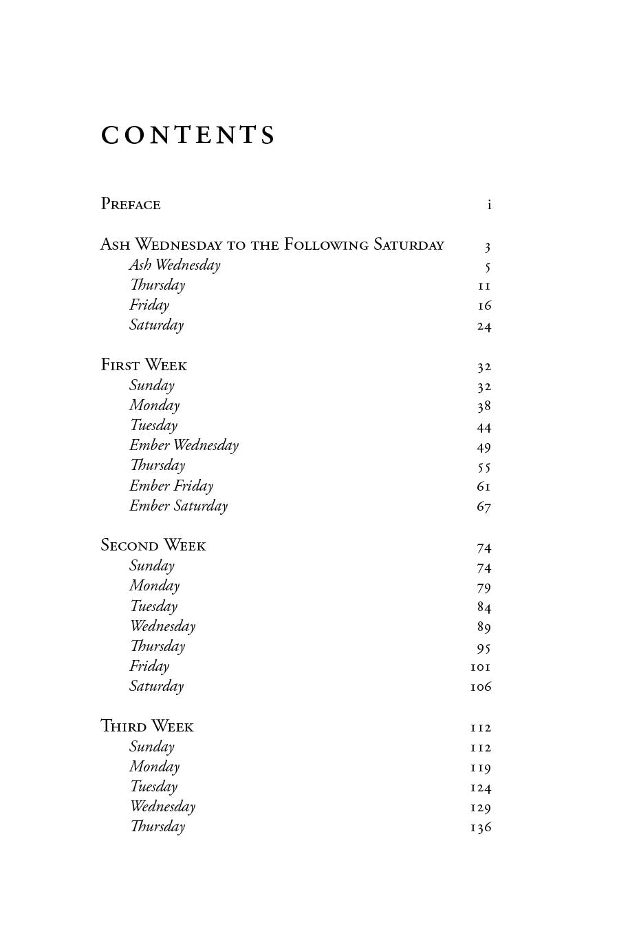 Book contents page listing weeks and days with page numbers