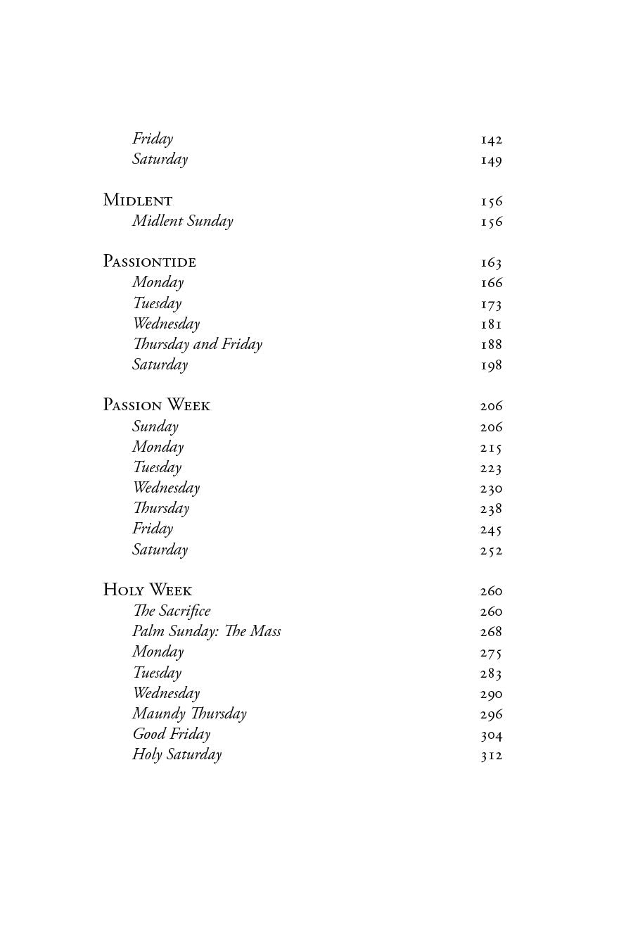 Book contents page section with Passion week headings and page numbers