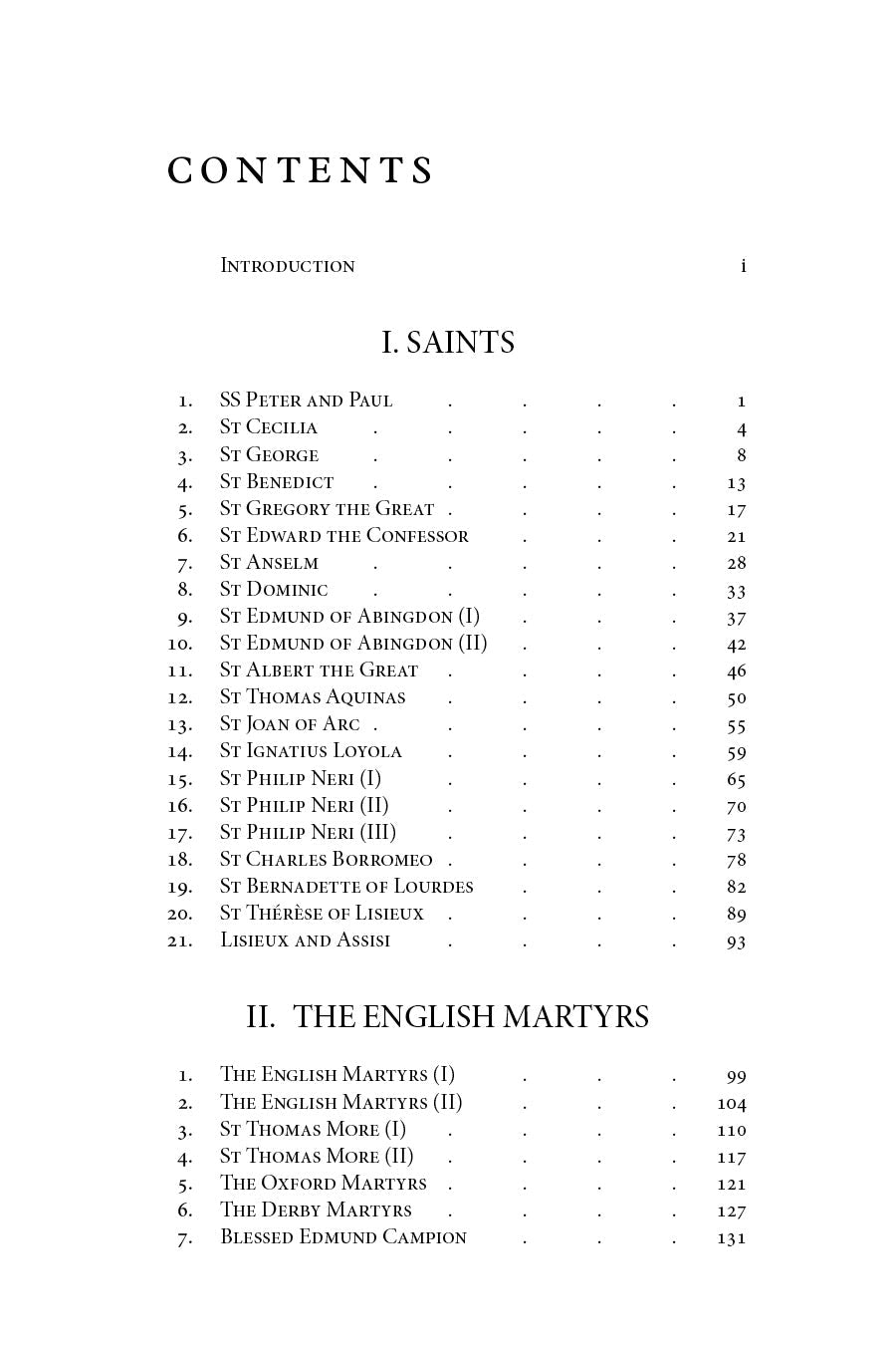 Contents page listing saints with section headings and page numbers