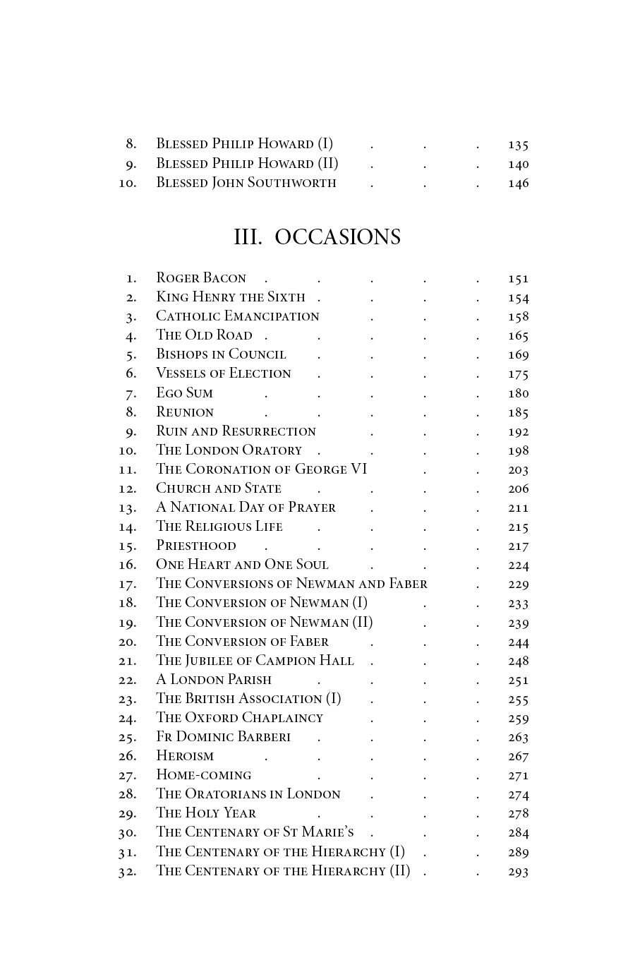 Contents page section III Occasions with list items and page numbers