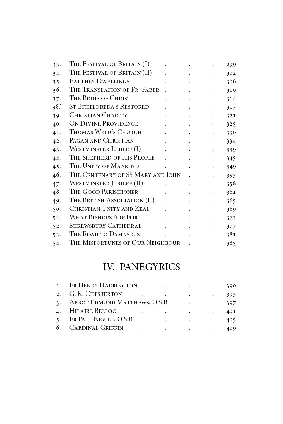 Contents page section IV Panegyrics with list items and page numbers