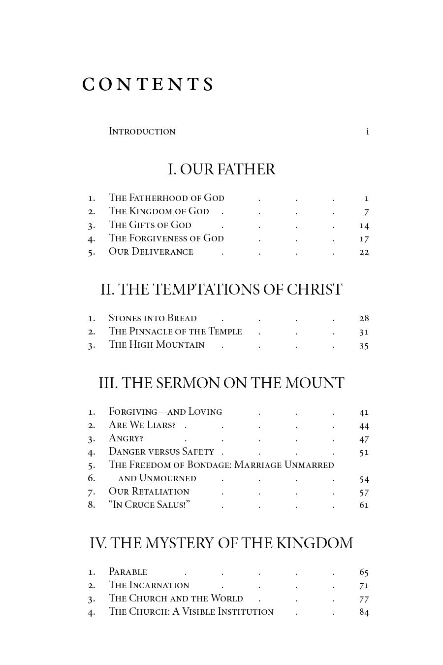 Pastoral Sermons table of contents page with chapter titles and page numbers