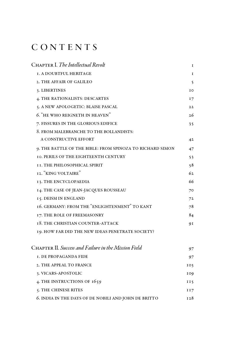 Book contents page with numbered chapters under heading 'CONTENTS'