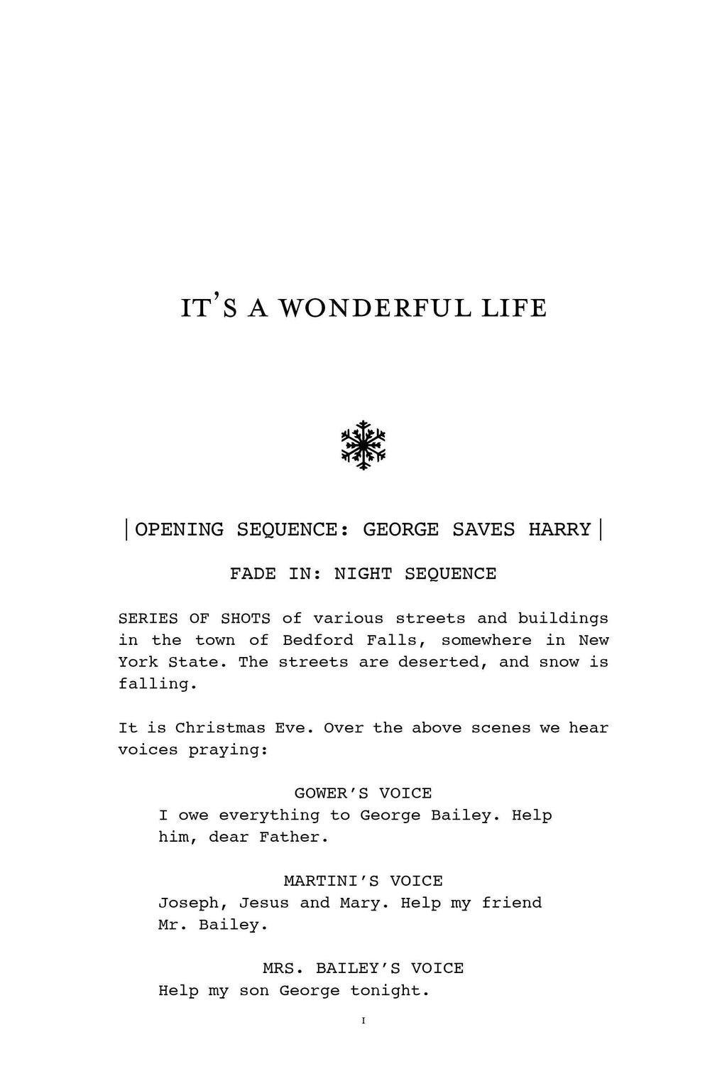Screenplay page with opening sequence and character voice directions