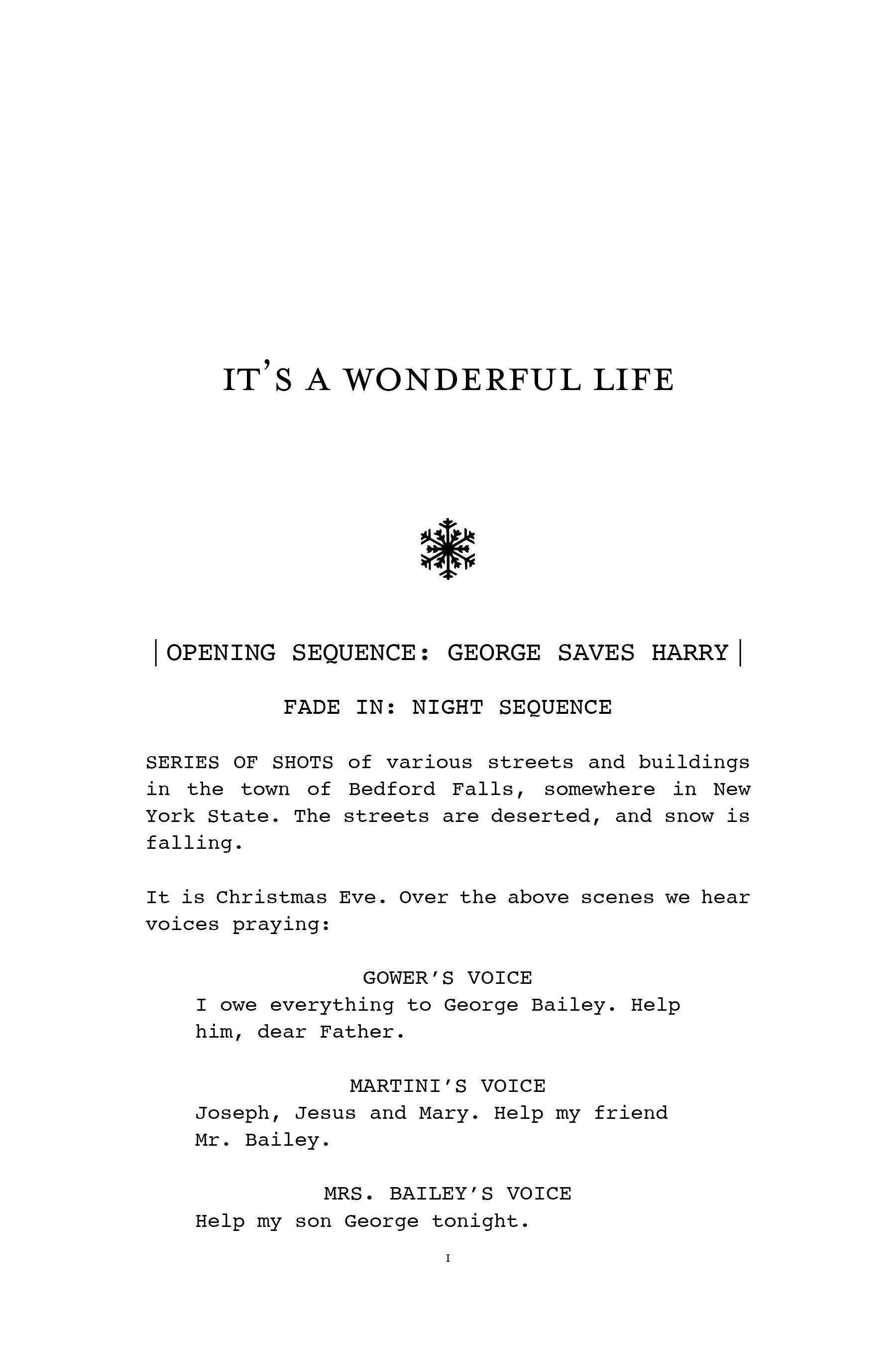 Screenplay page with opening sequence and character voice directions