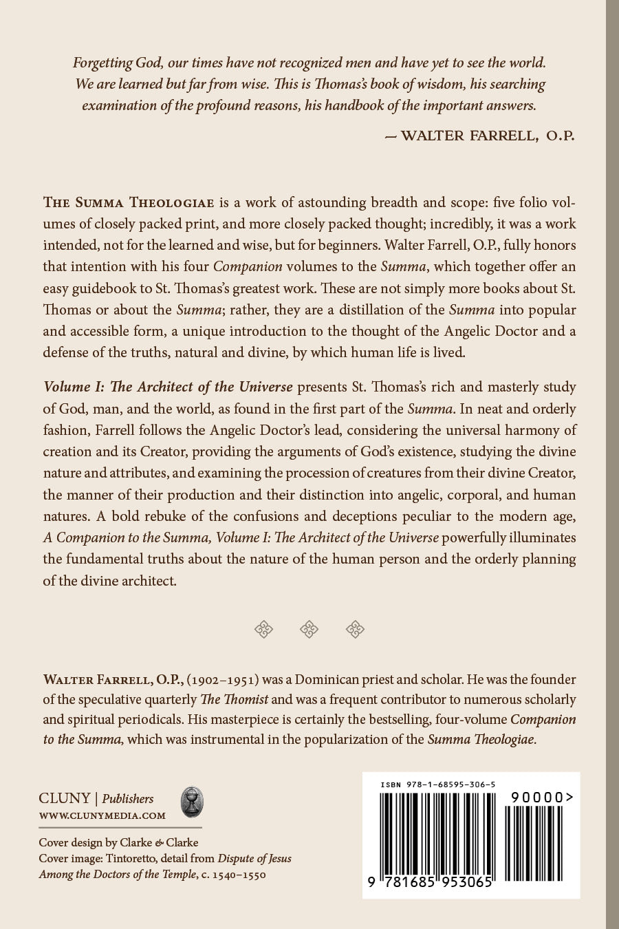 Book back cover with synopsis text and barcode; Walter Farrell, O.P.