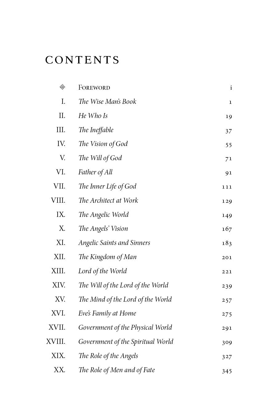Book contents page listing chapters with section titles and page numbers
