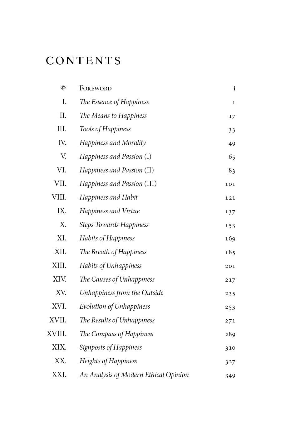 Book contents page listing chapters and page numbers