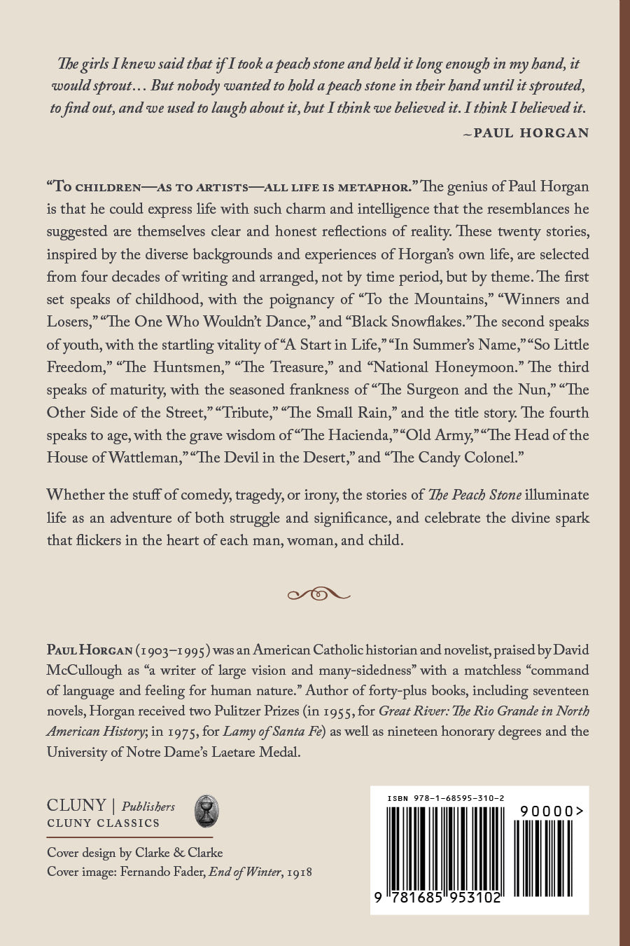 The Peach Stone book back cover with printed author bio, credits, and barcode