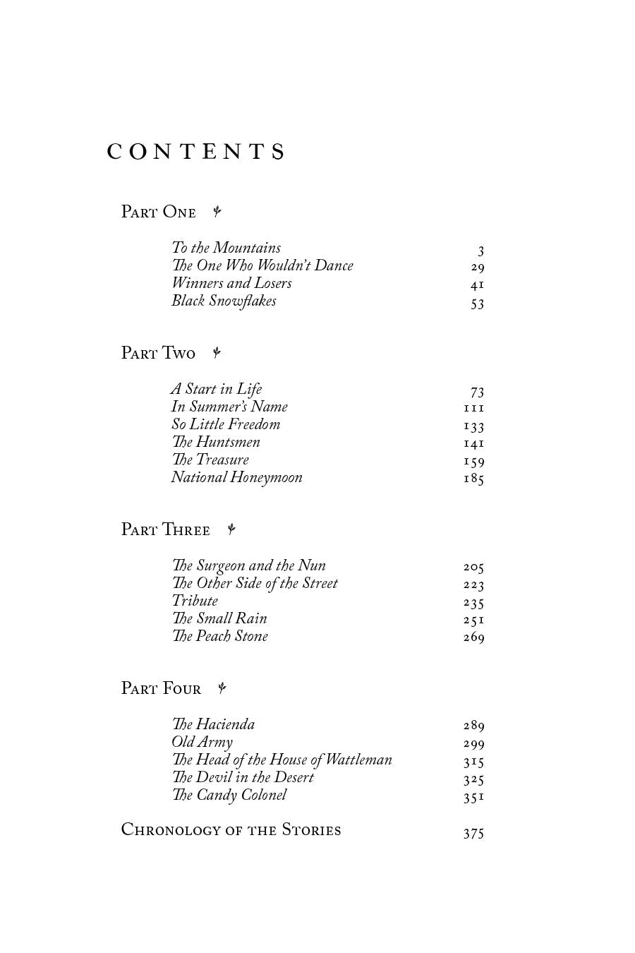 The Peach Stone book contents page with part headings and page numbers