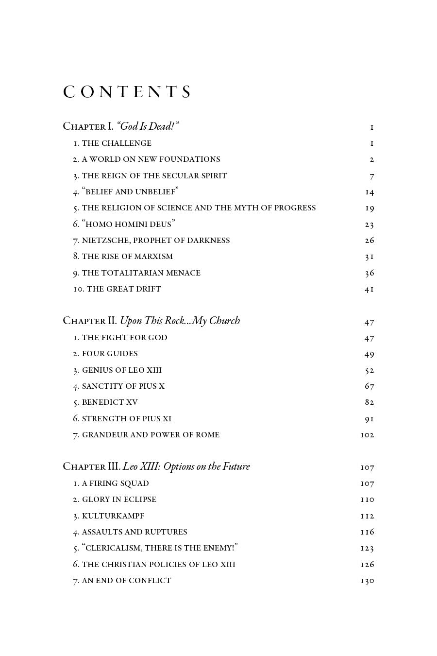 Contents page listing chapters and page numbers, Contents header