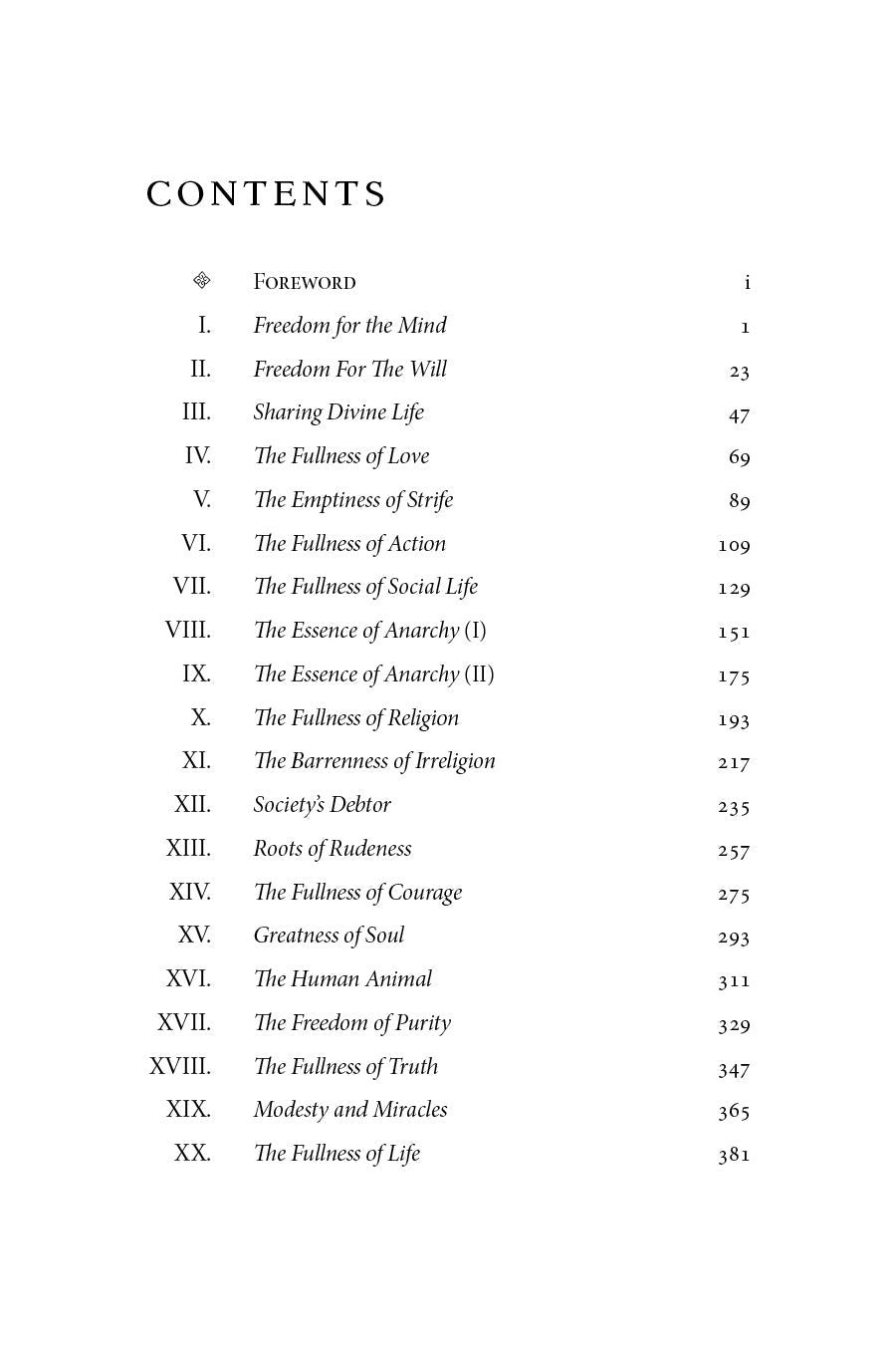 Book contents page listing chapters I–XX with page numbers