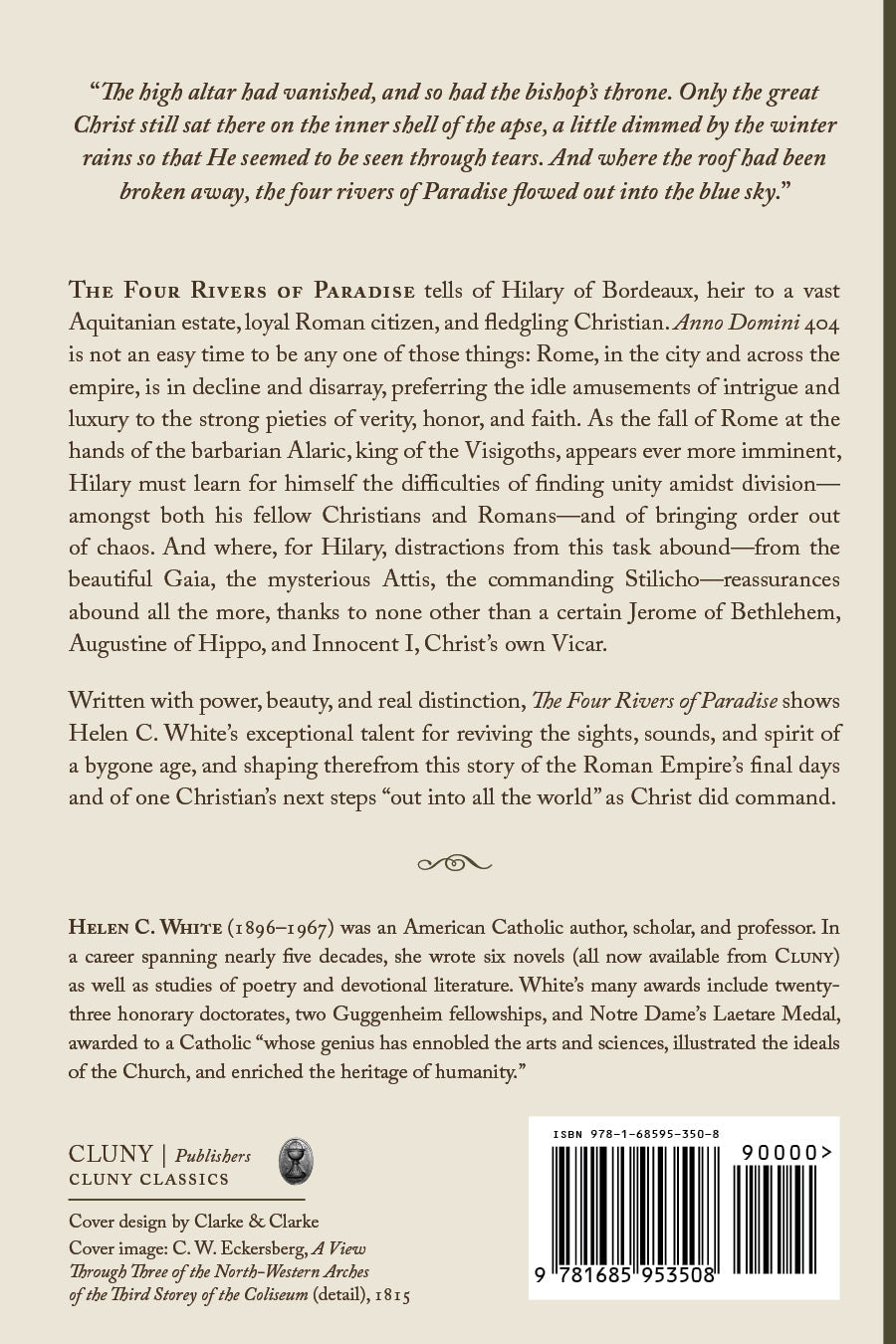 Novel back cover with synopsis text, publisher details, and barcode
