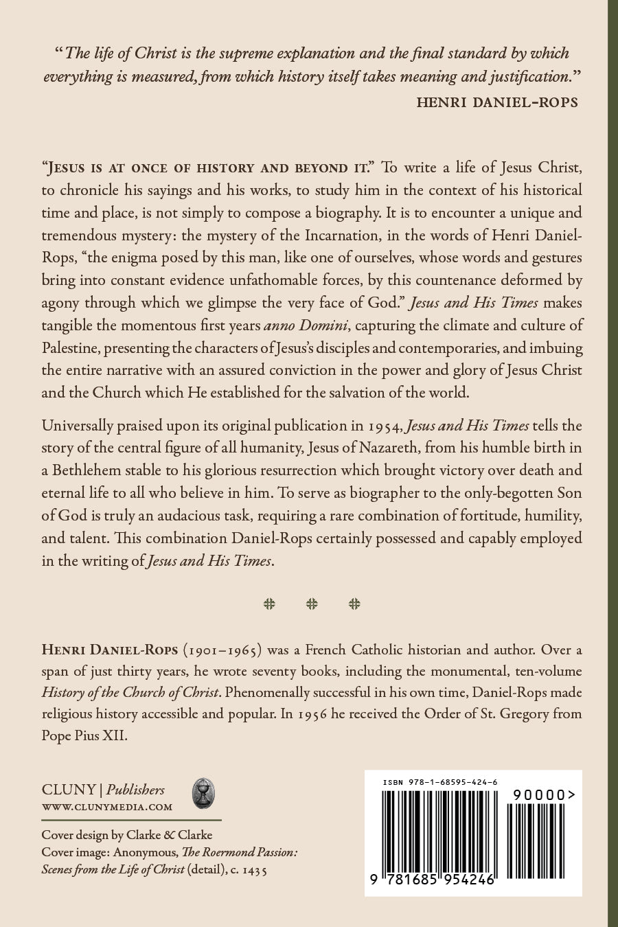 Religious history book back cover with synopsis text, publisher marks, and barcode.
