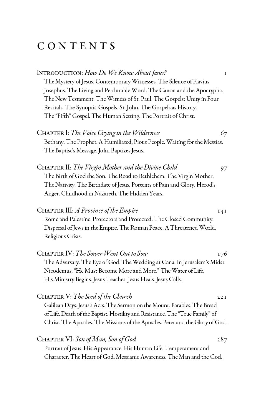 Religious history book contents page with section headings and page numbers.