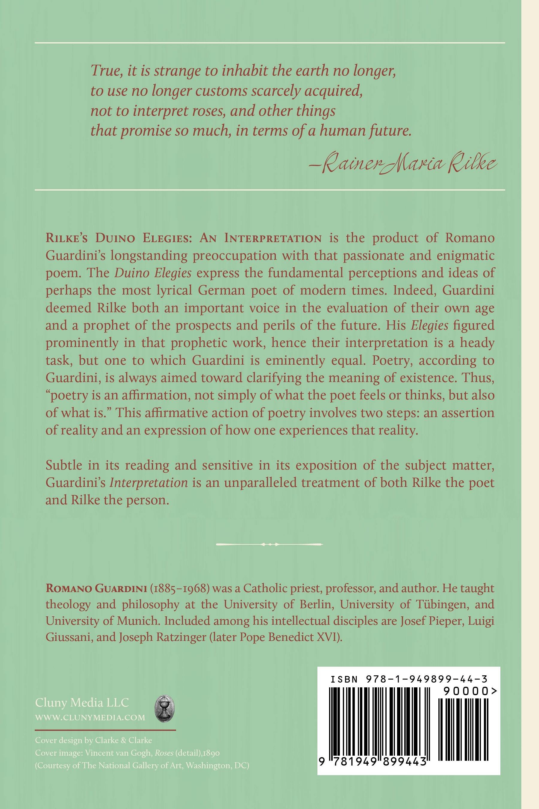 Paperback book back cover with text synopsis and barcode, Romano Guardini.